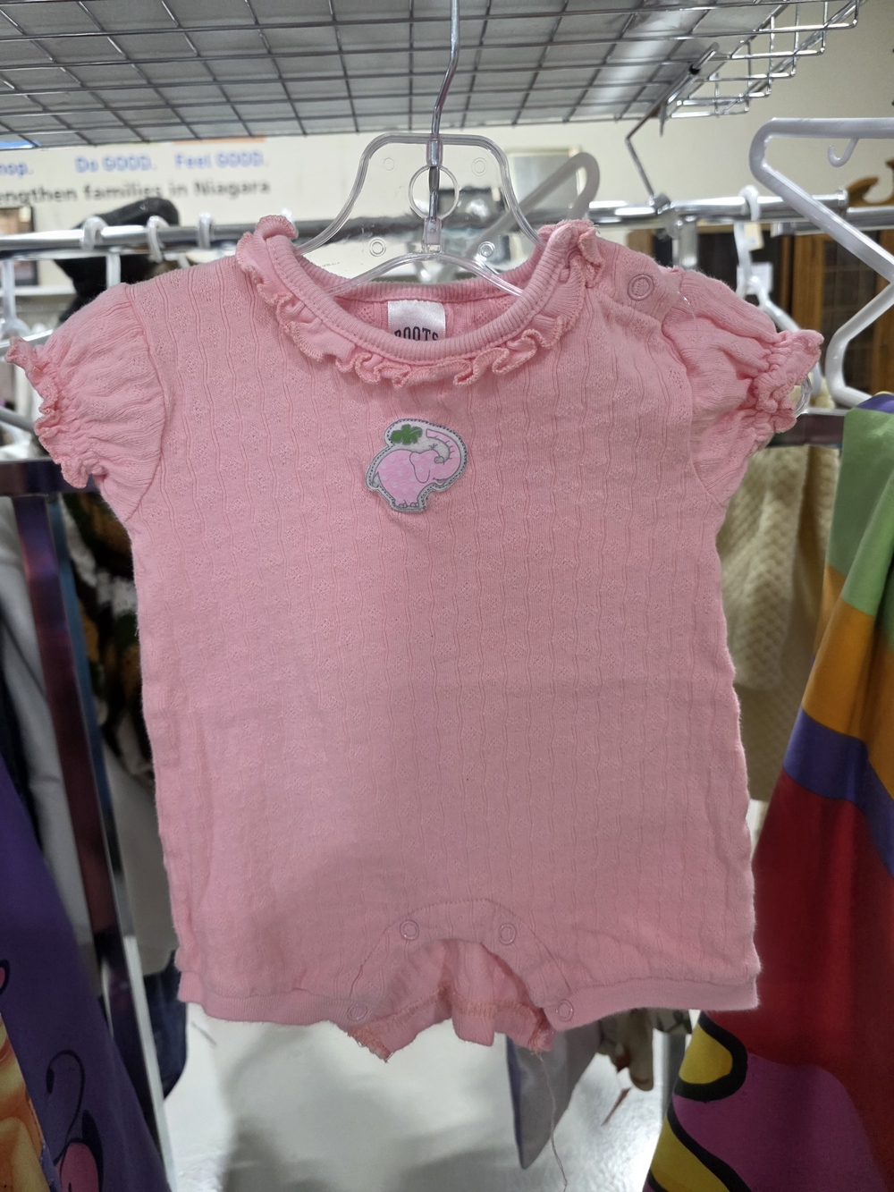 Roots Soft Pink Baby Onesie with Embroidered Elephant